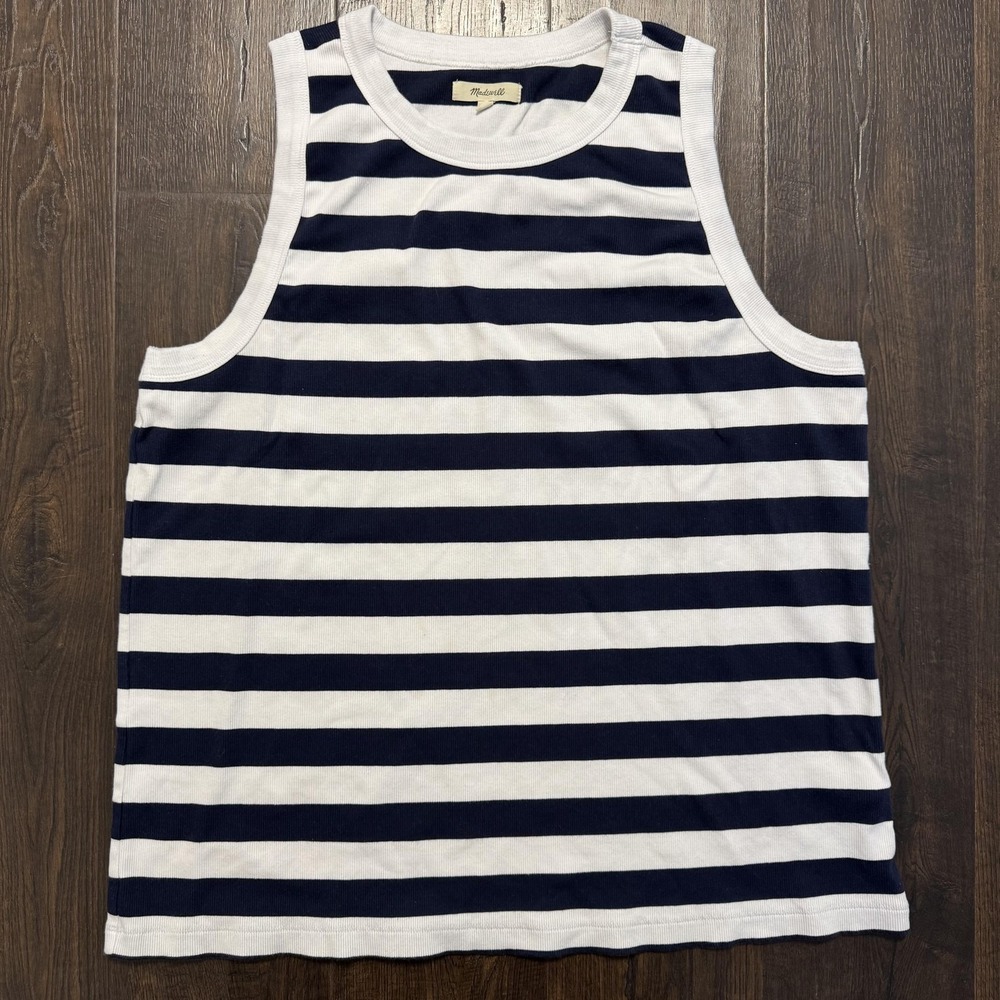 Madewell Tank Top Women's 3X Plus‎ Supima Rib Cutaway Tank Navy White Striped